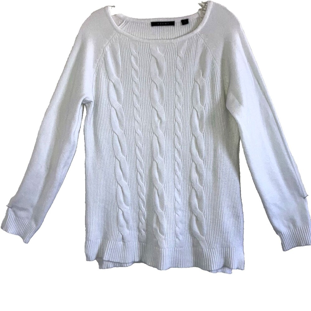 CYRUS L Solid White Cable Ribbed Knit Long Sleeve Tunic Top Sweater Pullover L